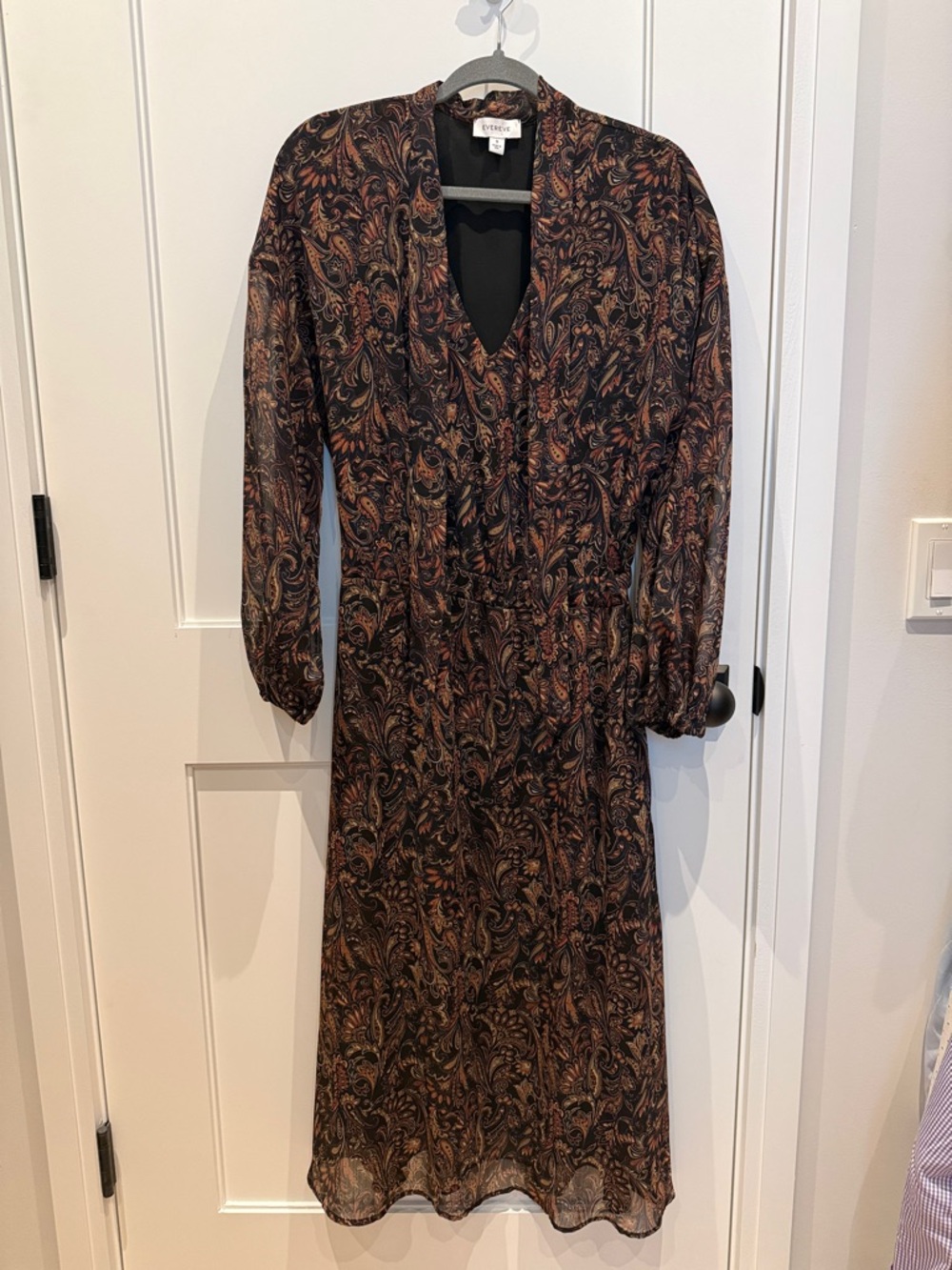Evereve Black Paisley Long-Sleeve Midi Dress with Brown and Rust Accents